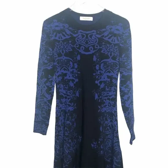 Valentino Delft Jacquard Long Sleeve Midi Sweater Dress Knit Blue M $3960 2020